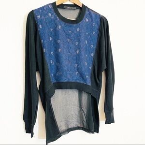 BCBGMAXAZRIA High-Low Mesh Back Long Sleeve Top Women Size XS Blue/Black